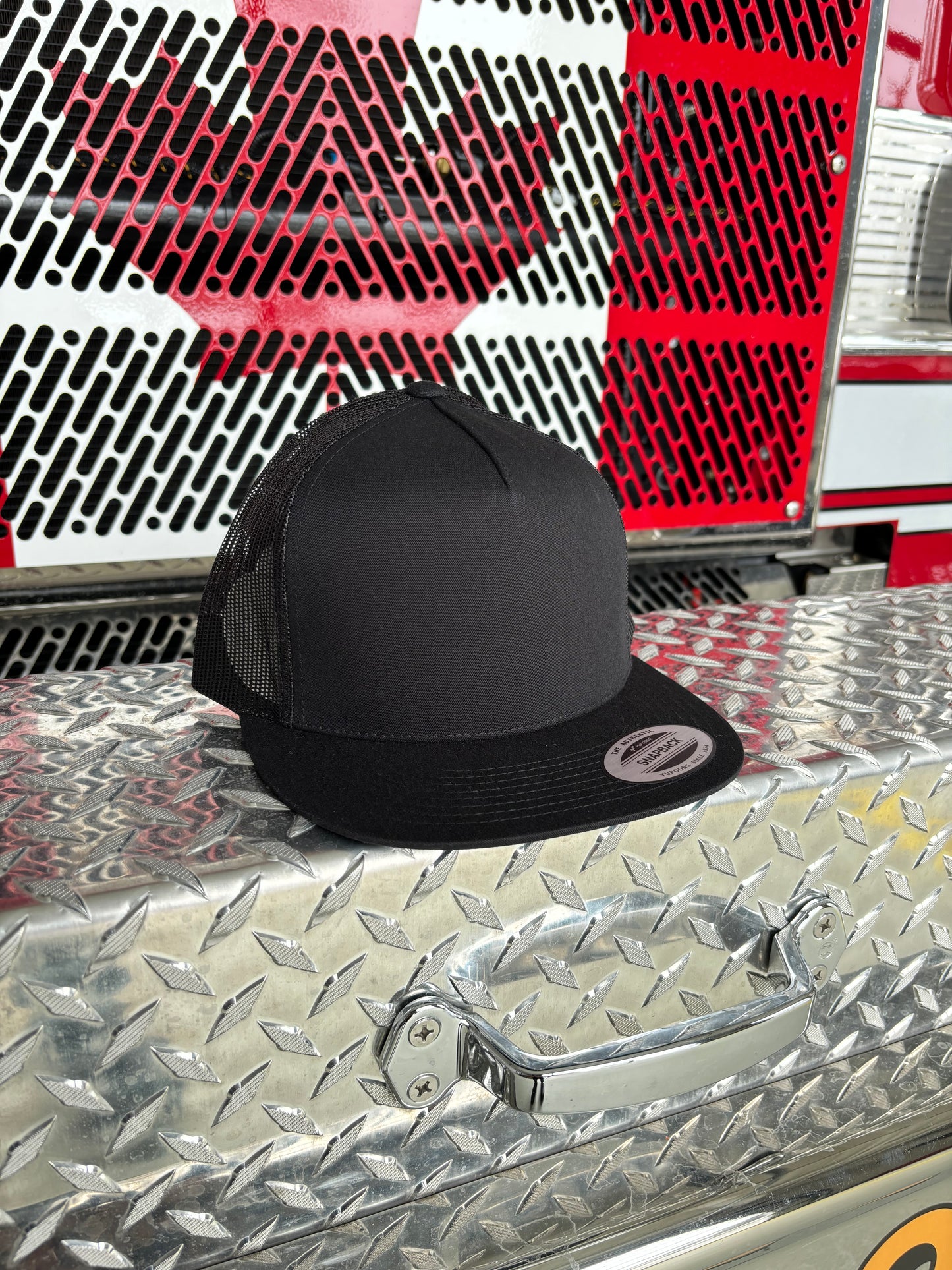 YP CLASSICS® 6006 CLASSIC TRUCKER CAP Flat Brim w/ Custom Fire Hose Patch (Black)
