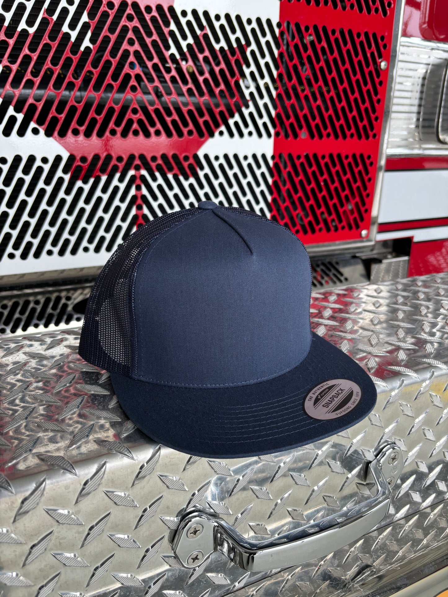 YP CLASSICS® 6006 CLASSIC TRUCKER CAP Flat Brim w/ Custom Fire Hose Patch (Navy)
