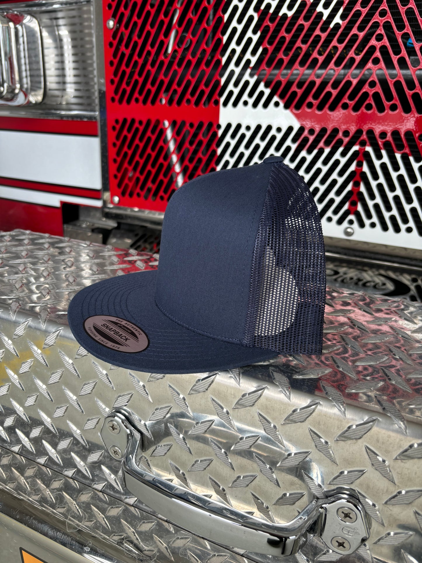 YP CLASSICS® 6006 CLASSIC TRUCKER CAP Flat Brim w/ Custom Fire Hose Patch (Navy)