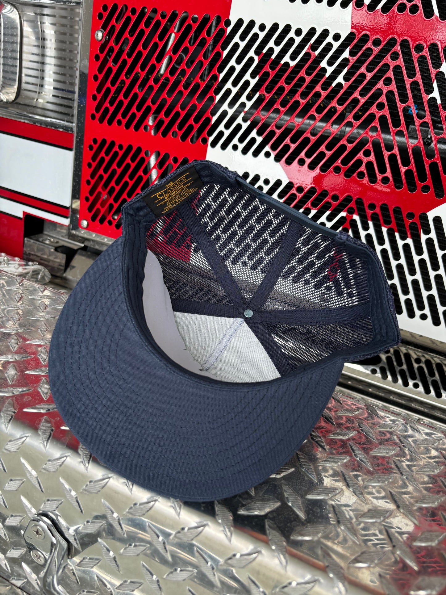 YP CLASSICS® 6006 CLASSIC TRUCKER CAP Flat Brim w/ Custom Fire Hose Patch (Navy)