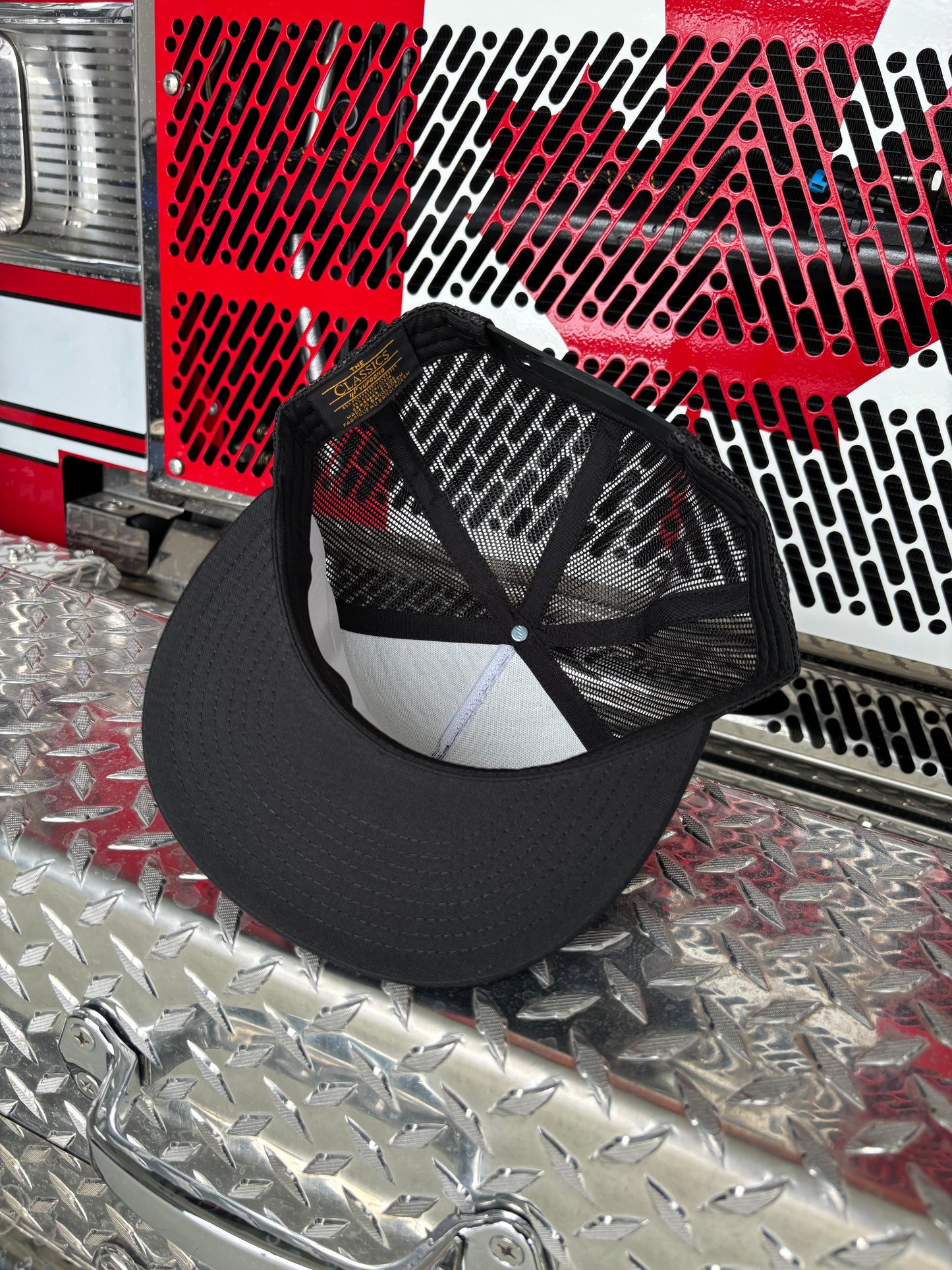 YP CLASSICS® 6006 CLASSIC TRUCKER CAP Flat Brim w/ Custom Fire Hose Patch (Black)