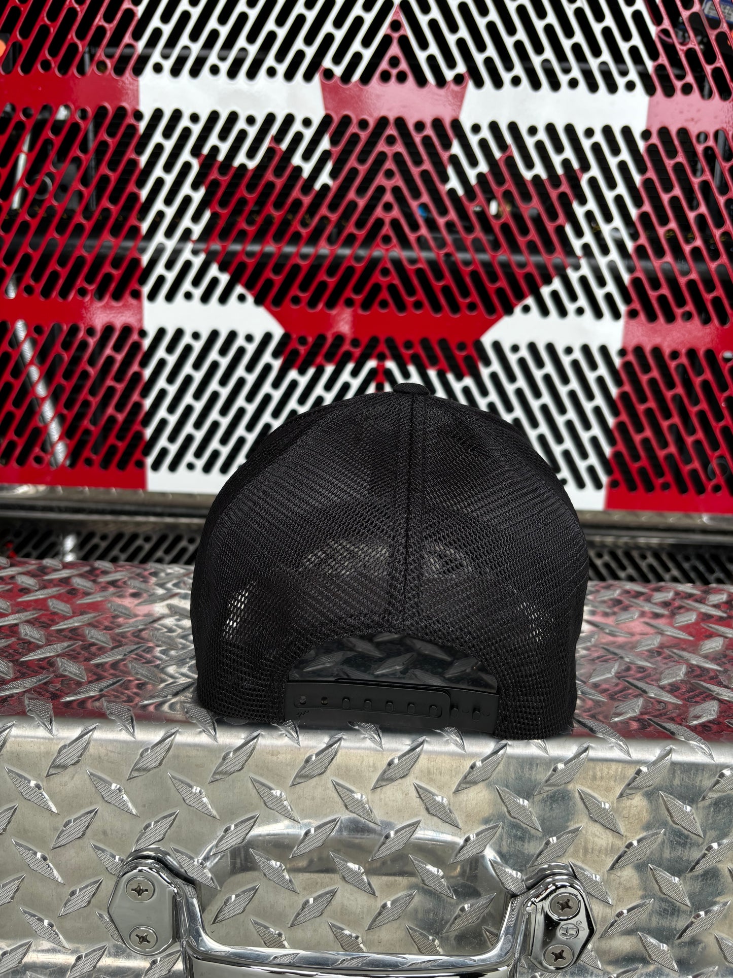 FLEXFIT 110® MESH CAP Trucker Mesh Back w/ Custom Fire Hose Patch (Black)