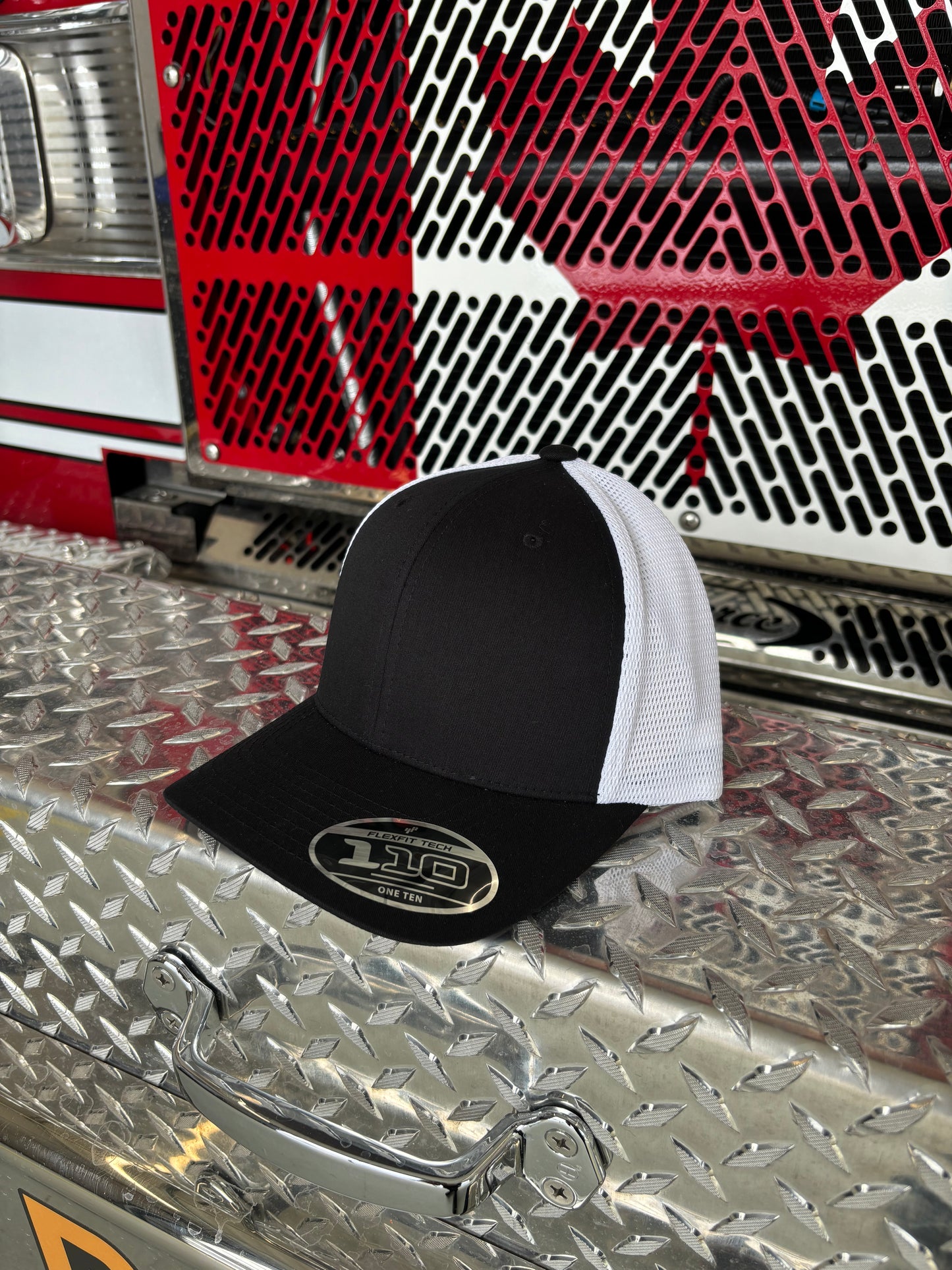 FLEXFIT 110® MESH CAP Trucker Mesh Back w/ Custom Fire Hose Patch (Black/white)