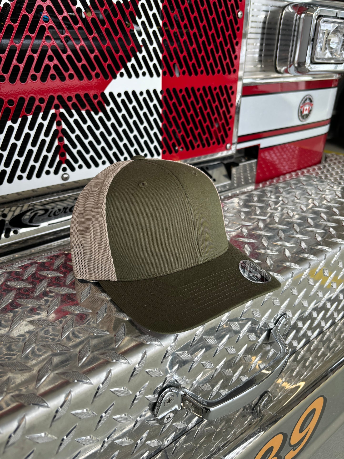 FLEXFIT 110® MESH CAP Trucker Mesh Back w/ Custom Fire Hose Patch (Olive/ Khaki)