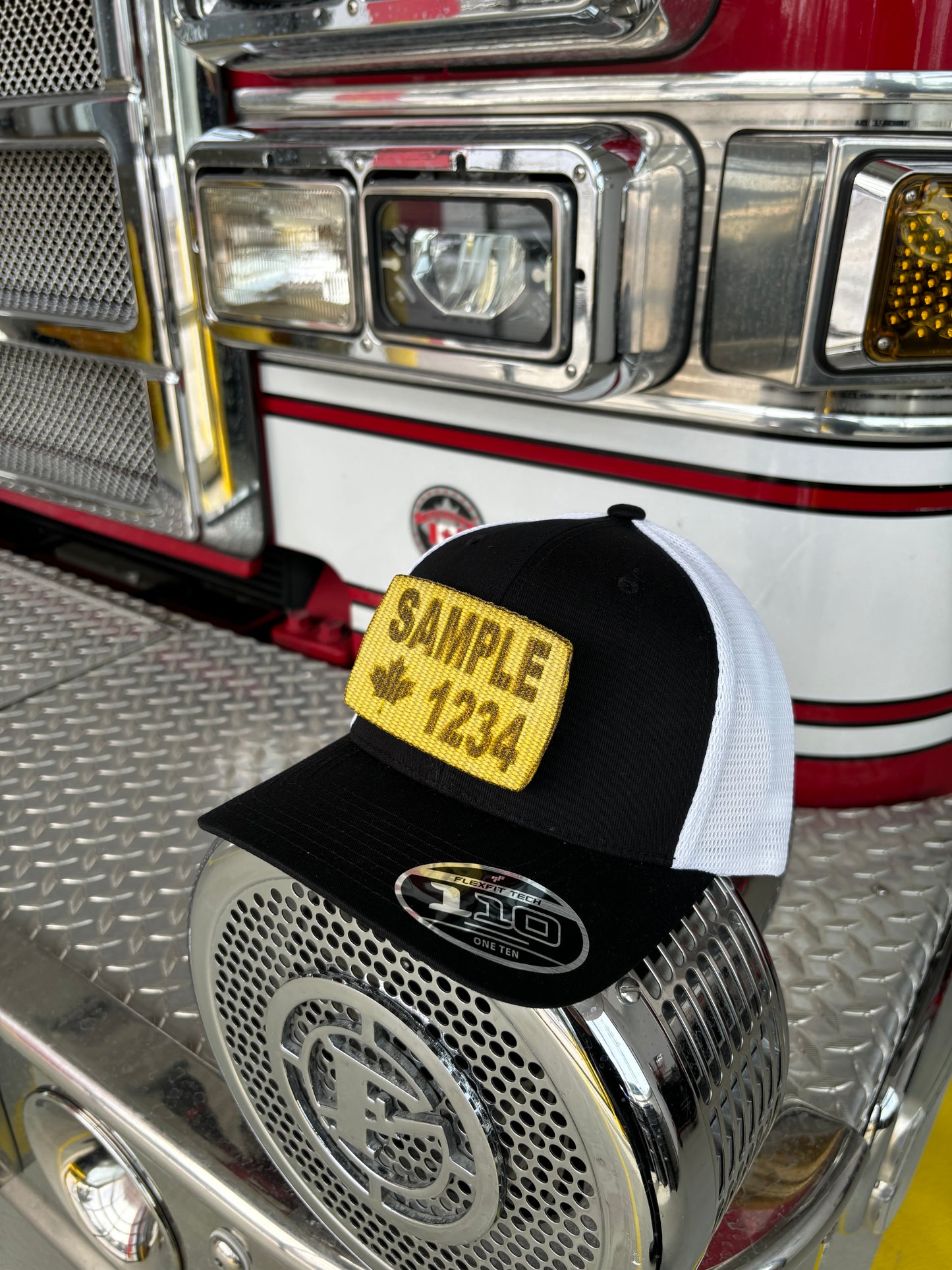 FLEXFIT 110® MESH CAP Trucker Mesh Back w/ Custom Fire Hose Patch (Black/white)