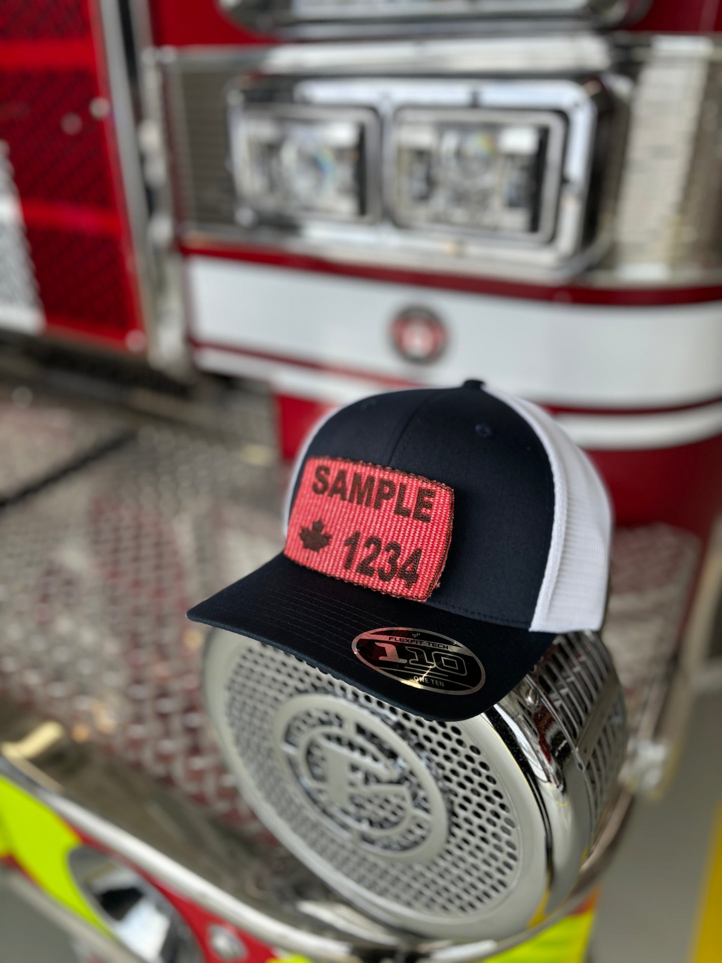 FLEXFIT 110® MESH CAP Trucker Mesh Back w/ Custom Fire Hose Patch (Black/white)