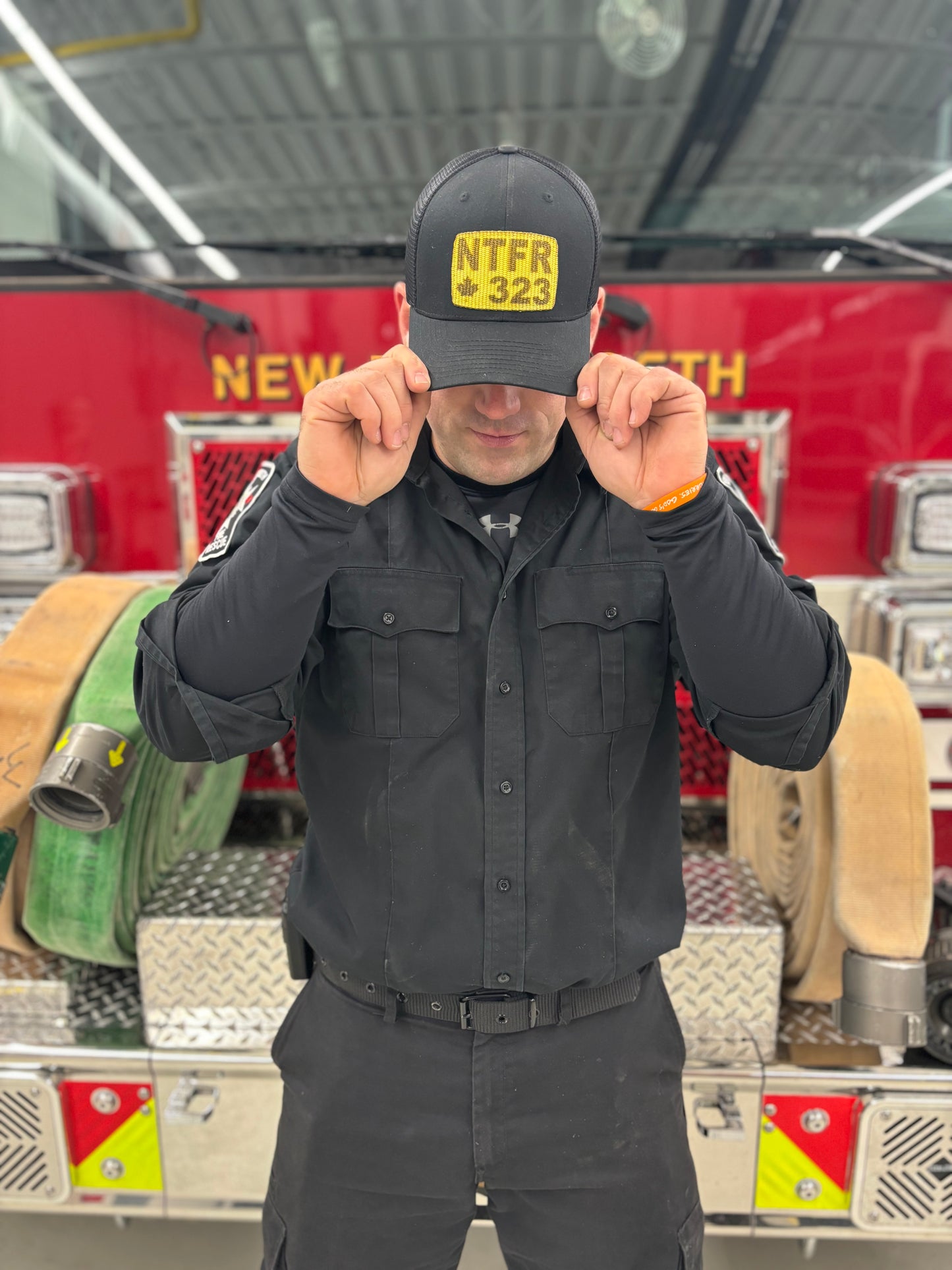FLEXFIT 110® MESH CAP Trucker Mesh Back w/ Custom Fire Hose Patch (Black)