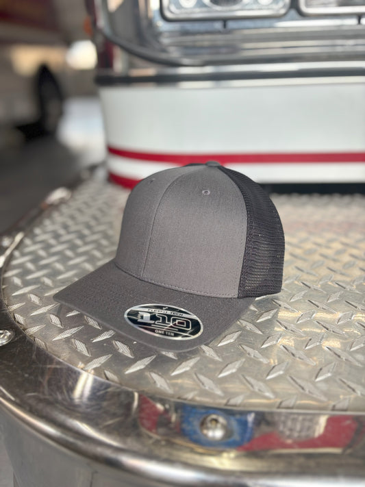 FLEXFIT 110® MESH CAP Trucker Mesh Back w/ Custom Fire Hose Patch (Charcoal/black)