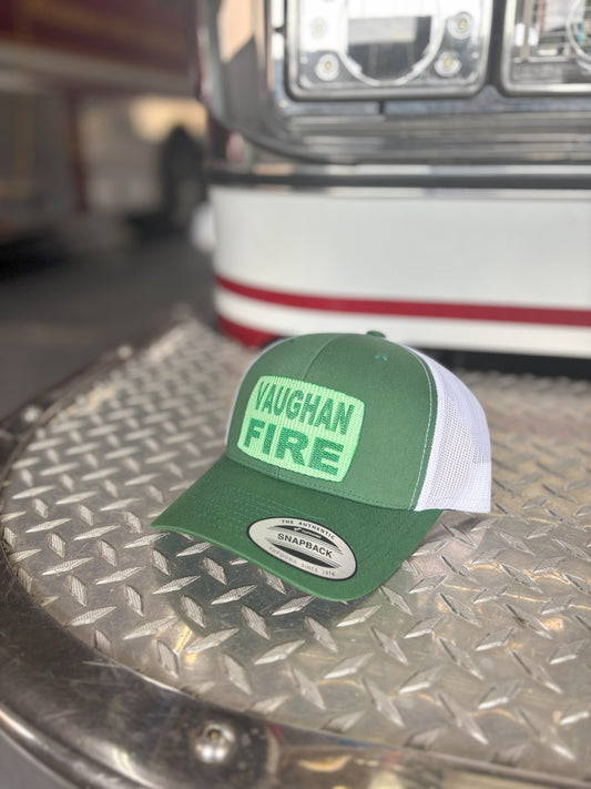 YP CLASSICS® RETRO TRUCKER CAP Trucker Mesh Back w/ Custom Fire Hose Patch (Evergreen/White)