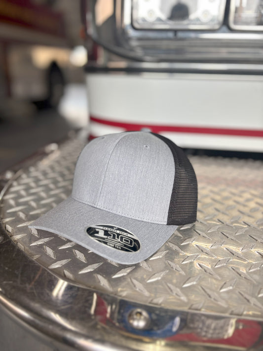 FLEXFIT 110® MESH CAP Trucker Mesh Back w/ Custom Fire Hose Patch (Heathergrey/Black)