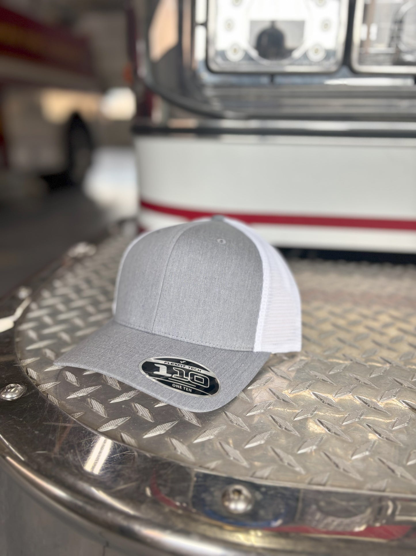 FLEXFIT 110® MESH CAP Trucker Mesh Back w/ Custom Fire Hose Patch (Heathergrey/White)