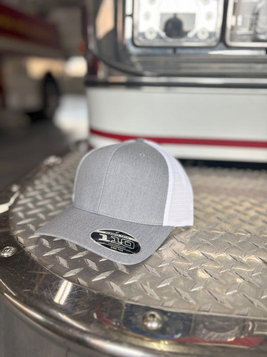 FLEXFIT 110® MESH CAP Trucker Mesh Back w/ Custom Fire Hose Patch (Heathergrey/White)