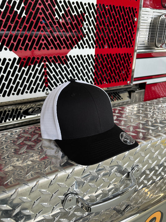 FLEXFIT 110® MESH CAP Trucker Mesh Back w/ Custom Fire Hose Patch (Black/white)