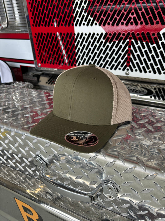 FLEXFIT 110® MESH CAP Trucker Mesh Back w/ Custom Fire Hose Patch (Olive/ Khaki)