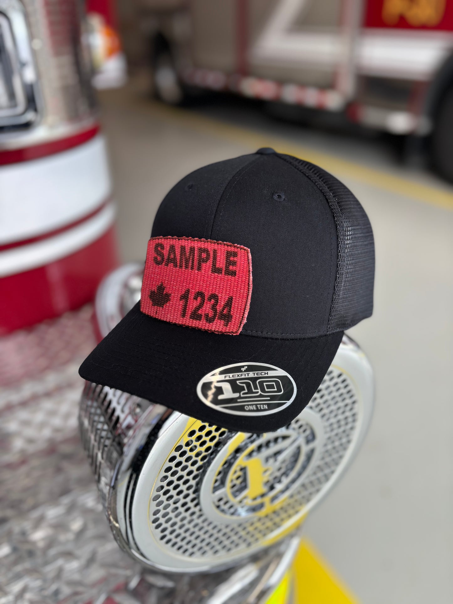 FLEXFIT 110® MESH CAP Trucker Mesh Back w/ Custom Fire Hose Patch (Black)