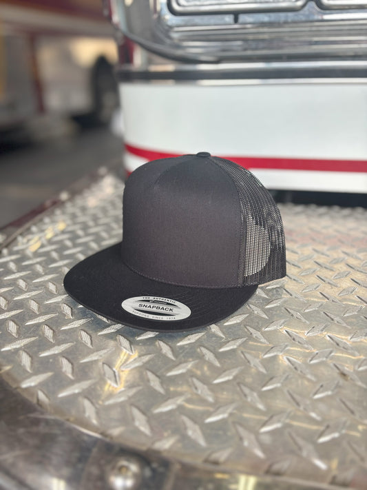 YP CLASSICS® 6006 CLASSIC TRUCKER CAP Flat Brim w/ Custom Fire Hose Patch (Black)
